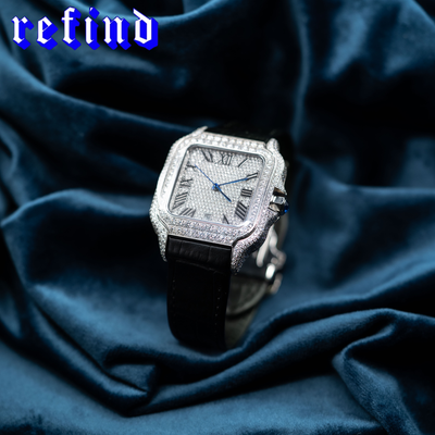 【Moissanite】Ice Out Square Watch【Leather Strap】